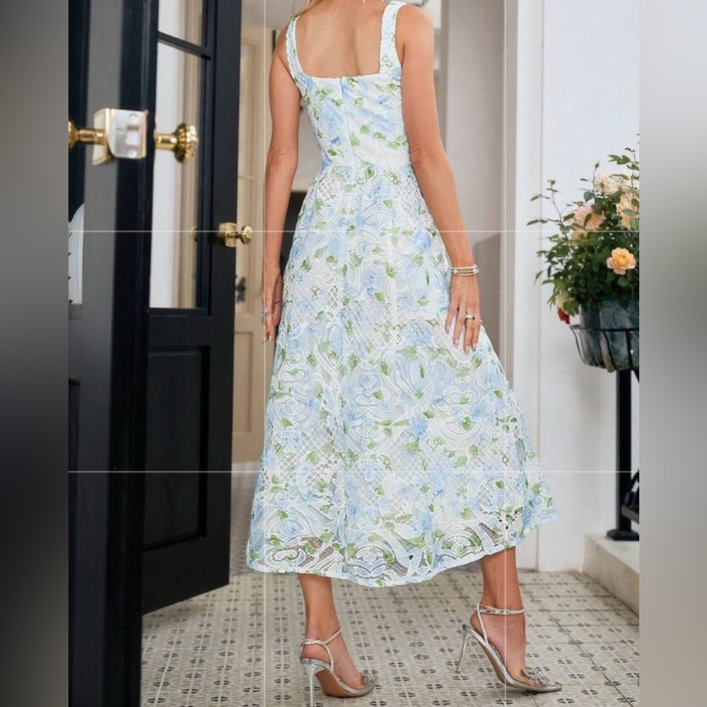 Simplee Apparel Blue & Green Floral Midi Dress | Size Large | NIP - Picture 2 of 3